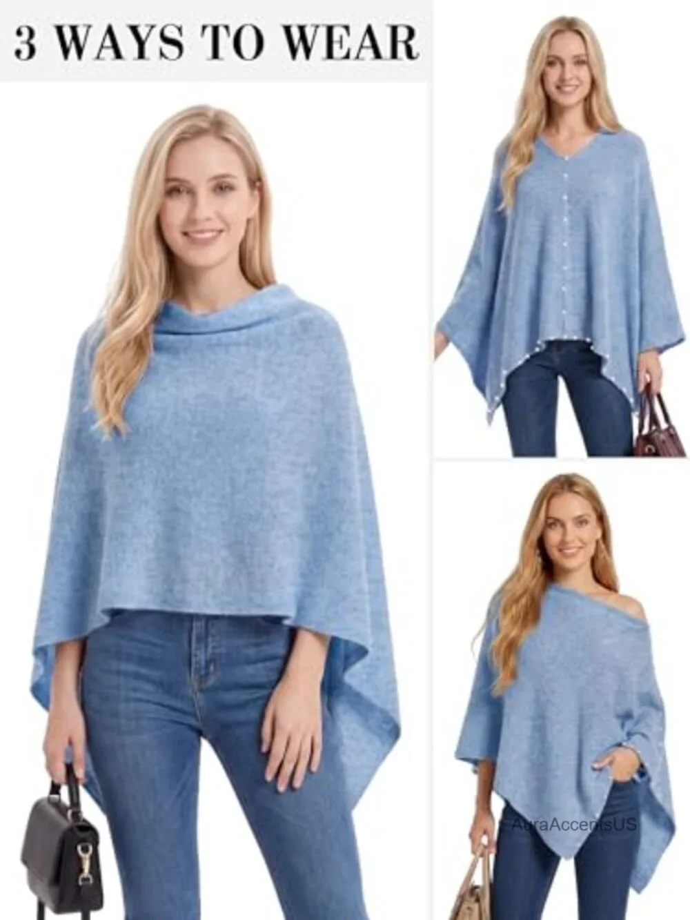 Women's Knitted Poncho Shawl Sweater Pearl Trim Lightweight Cape